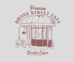 Bronx New York vintage street cafe hand drawn vector art, Retro vintage street coffee shop artwork with typography, Old cafe illustration for t shirt, tote bag, screen print