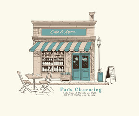 Paris France Street Cafe Vector Art, Retro vintage coffee shop artwork for t shirt, tote bag, poster, graphic print