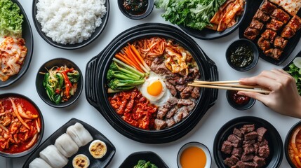 Stunning Korean BBQ scene with hand holding chopsticks