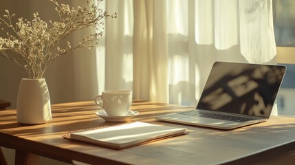 Sunny Workspace: Laptop, Coffee, Notebook, and Dried Flowers on Wooden Table
