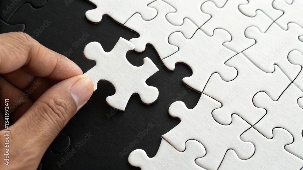 Poster completing the puzzle: a close-up shot of a hand placing the last piece into a nearly completed jigs