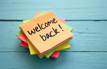 Stack of multicolored notes with Welcome Back message, exclamation mark on blue wooden background. Handwritten quote returning start inspiration for business, school, holiday. Celebration concept.