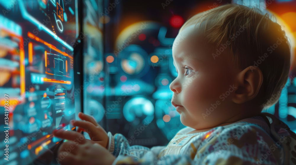 Poster futuristic technology interface with glowing geometric grid and holographic data panels