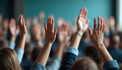 Businesspeople raise hands at conference to ask questions, vote. Meeting, training, interactive seminar for teamwork, collaboration, partnership, engagement. Diverse audience, team, oneness, support,