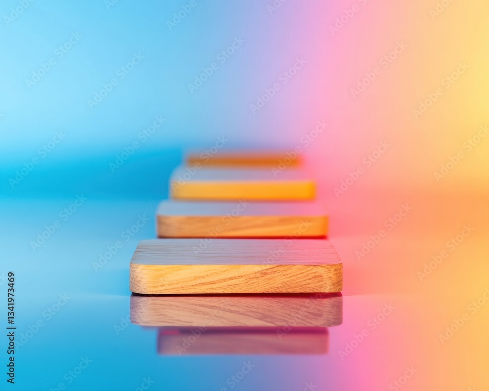 Poster gradient ascent minimalist wooden growth blocks visualizing strategic business evolution in vibrant 
