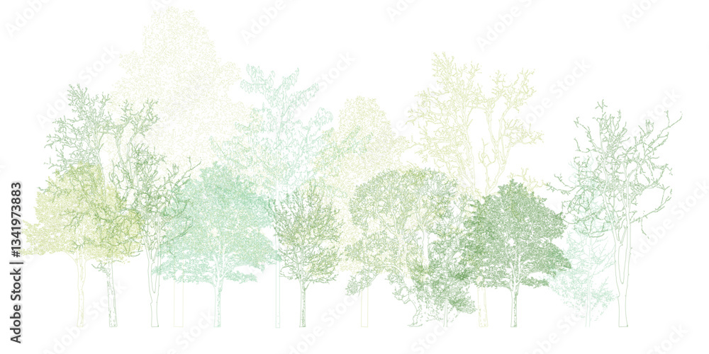Aufkleber architectural drawings, minimal style cad tree line drawing, side view, set of section wetland fores