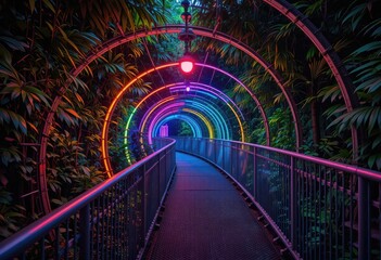 Walking Through Neon Light Tunnel Among Lush Greenery in Enchanting Park