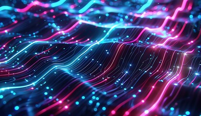 Abstract digital background with glowing neon lines and circuit board patterns, creating an immersive tech-inspired wallpaper. Glowing blue waves in the foreground add depth to create futuristic vibes