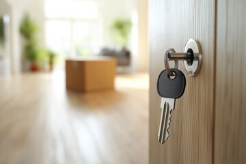 Obraz premium New home journey begins with a key in the door lock for relocation