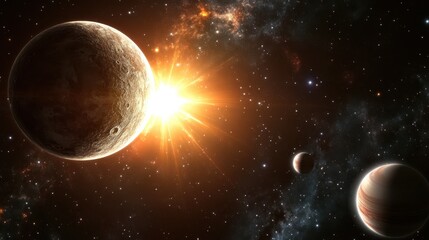 Cosmic Landscape with Planets and a Bright Star in Space