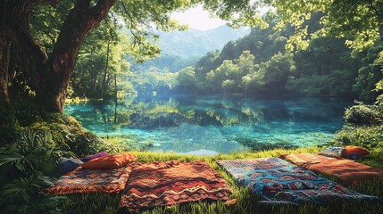 Resting by lake. Green background, trees, recreation