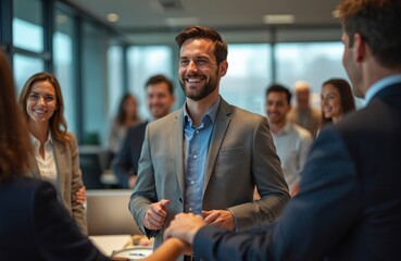 New employee gets warm welcome from office manager, staff on first day meeting at company. Celebrating a welcome party. Happy team greet, handshake new member. Collaboration in business office.