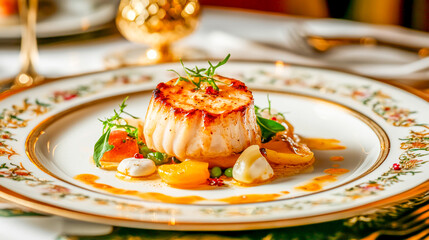 Close-up shot of a delicious meal served on a beautifully arranged plate on a dining table