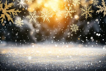 Golden snowflakes and glittering particles on a dark winter background festive mood