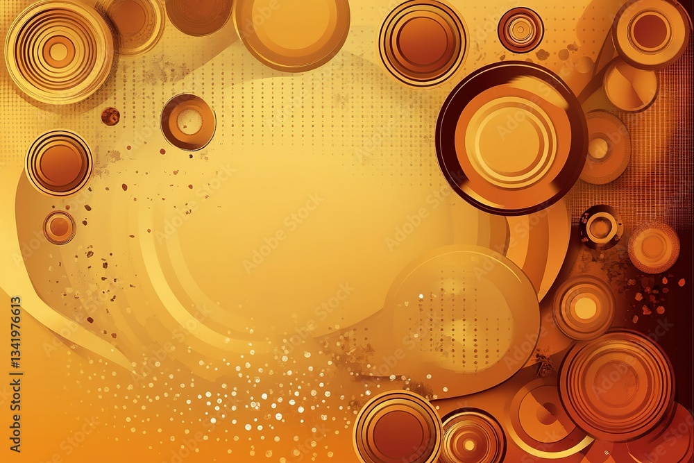 Poster abstract golden concentric circles background with blurred dot pattern and splatters