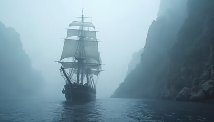 Mysterious ship sails in foggy waters near rocky cliffs evoking exploration, adventure. Old wooden vessel in sea, sailing through mist. Nautical journey, calm atmosphere, serene seascape, marine