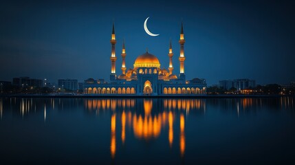 Fototapeta premium Illuminated mosque at night, reflected in calm water. Crescent moon above