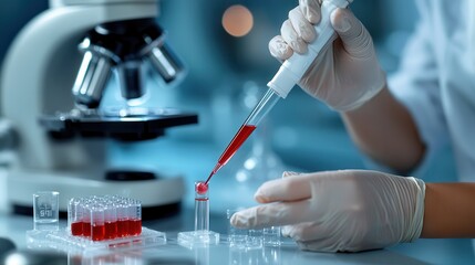 Fototapeta premium Stem cell blood research breakthrough. Laboratory technician conducting experiments with a pipette and microscope.