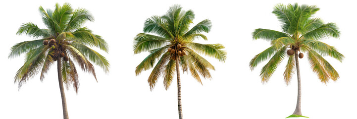 A coconut palm tree with large, arching fronds and clusters of coconuts hanging from its top, isolated on a transparent background