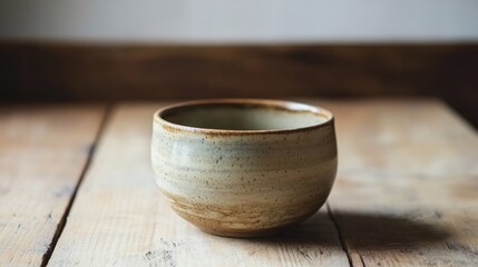 Rustic Pottery Bowl on Weathered Wood Surface Still Life Composition