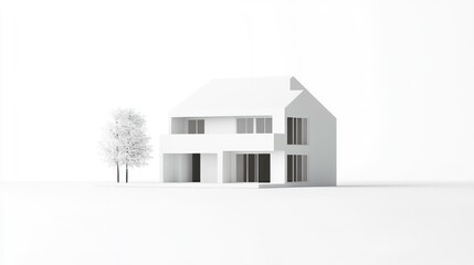 Minimalist white house model, simple design, white background, architectural design, studio photography