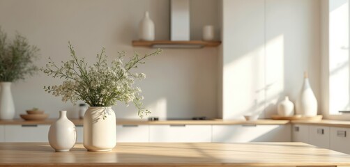 Fototapeta premium Beige kitchen interior with wooden table, white vases, flowers. Minimalist home decor, dining room design with natural light, sunlight. Modern apartment with furniture, decoration in bright colors.