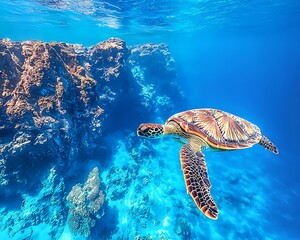 Fototapeta premium Sea Turtle glides coral reef ocean.