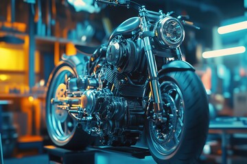 Fototapeta premium Sleek custom motorcycle showcased with intricate mechanical details in a garage setting