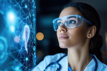 Stem cell blood research breakthrough. Medical professional analyzing digital data with futuristic technology.