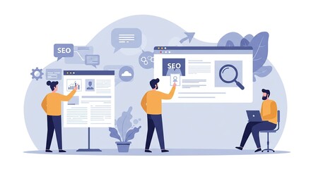Flat Design Illustration of SEO Professionals Collaborating on Marketing Strategies - Modern Blue and Yellow Aesthetic.