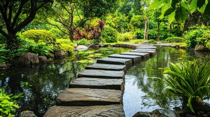 Naklejka premium Tranquil Japanese Garden Pathway with Stones and Water: A Serene Outdoor Oasis for Relaxation and Reflection