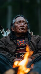 Obraz premium A solemn Indigenous man sits by a flickering campfire, his braided hair and traditional attire contrasting against the dark forest backdrop. The warm glow of flames illuminates his thoughtful expressi