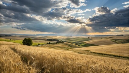  A vast countryside landscape with rolling wheat fields swaying under a partly cloudy sky, with rays of sunlight breaking through.