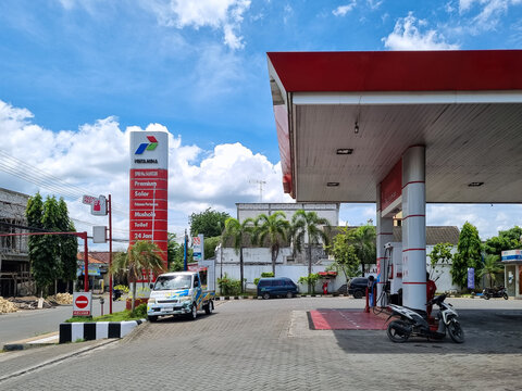 Indonesian gas station or indonesian called it SPBU (Stasiun Pengisian Bahan Bakar Umum) or Pom Bensin. Fuel filling station. Pamekasan, Indonesia - Mar 18, 2025.