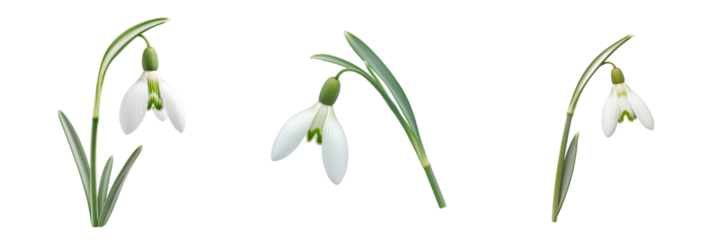 A single white snowdrop flower with a delicate, bell-shaped bloom hanging from a slender green stem, isolated on a transparent background