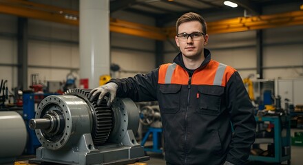 Technician Examining a Wind Turbine Gearbox in a Workshop (Industry)