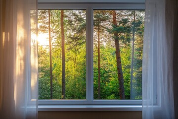 Sunrise view through window, forest scene, indoor home