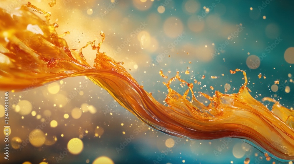 Poster fluid amber cascade with sparkling bokeh, evoking effervescence and energy