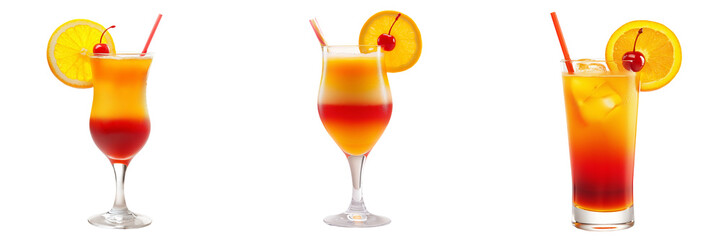 A colorful Tequila Sunrise cocktail with vibrant layers of orange juice and grenadine, garnished with an orange slice and cherry, isolated on a transparent background