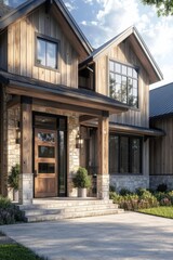 Modern rustic house design featuring wooden and stone exterior with large windows and inviting porch, surrounded by lush greenery and bright blue sky