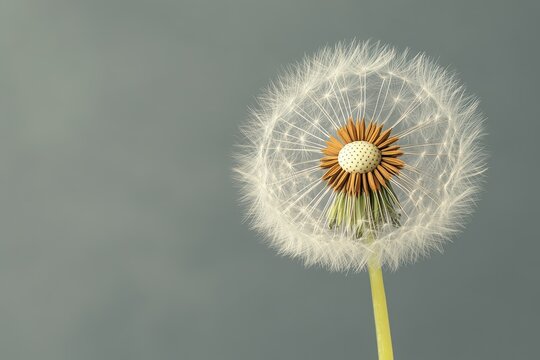 Close up view shows a beautiful dandelion seed head