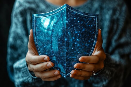 Person Holding a Glittering Blue Protective Shield Security Concept