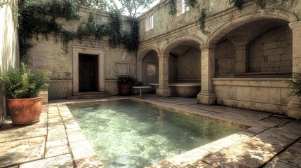 Fototapeta premium Serene Courtyard Pool: A Tranquil Oasis