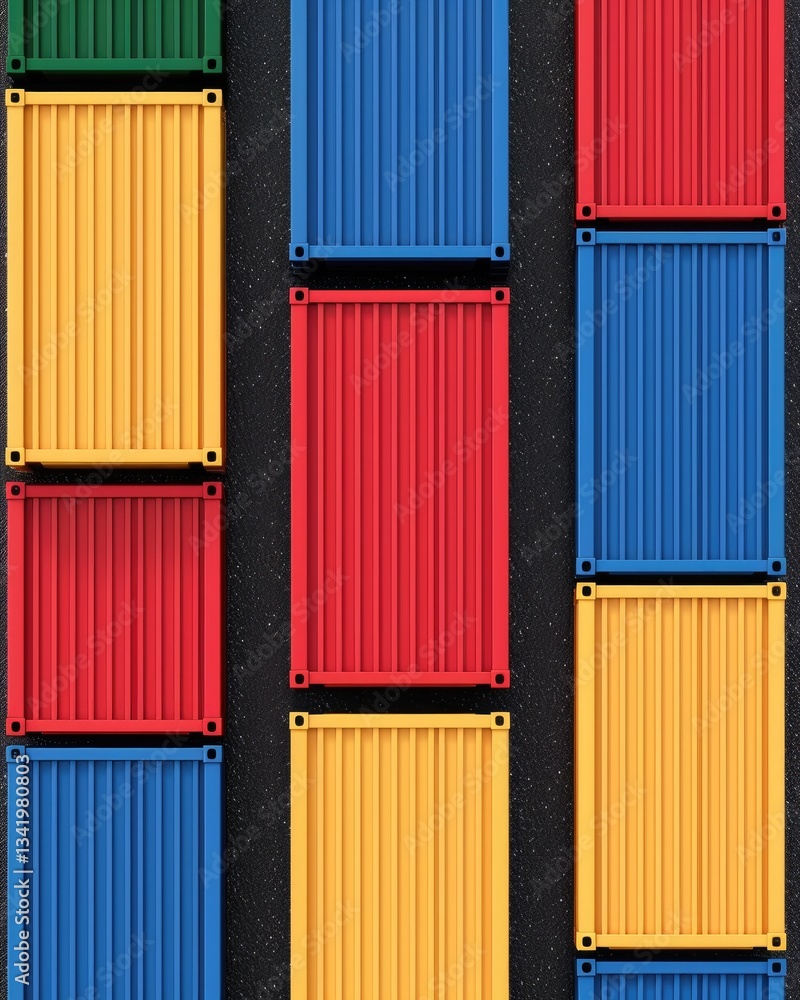 Poster colorful cargo shipping containers arranged on asphalt top view multiple vibrant shipping containers