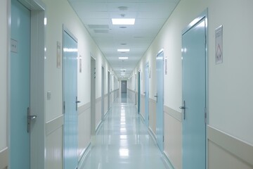 Hospital or hotel hallway with rows of doors and lighting