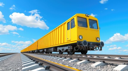 Naklejka premium Yellow Freight Train on Railroad Tracks Under Blue Sky with Clouds Modern Cargo Transportation