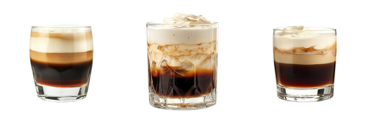 A classic White Russian cocktail served in a lowball glass, showcasing distinct layers of coffee liqueur and cream, isolated on a transparent background