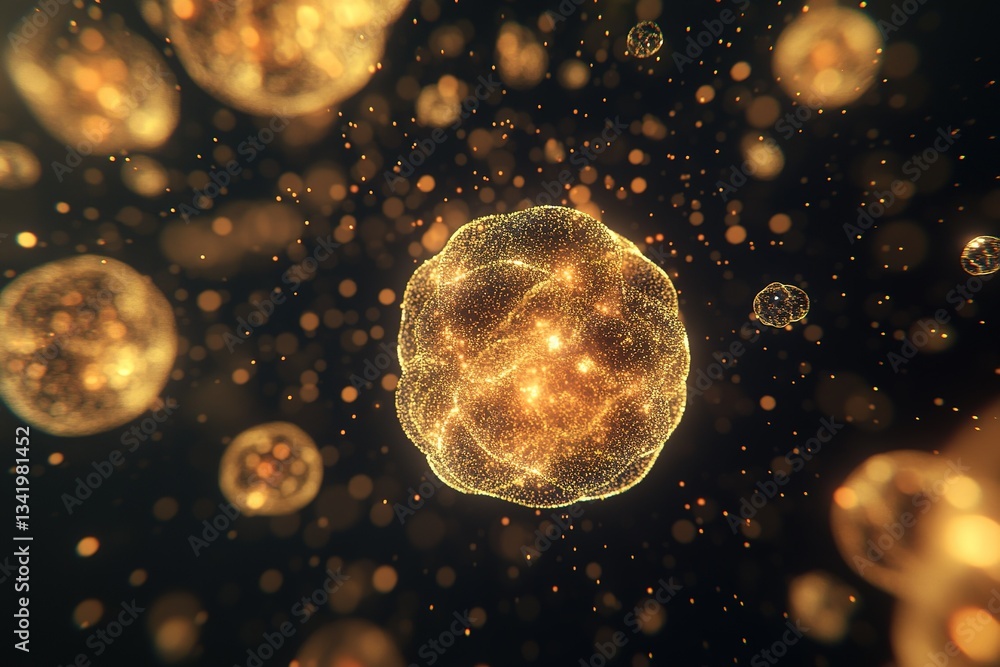 Poster golden spherical cellular structures floating against a dark background with glowing particles