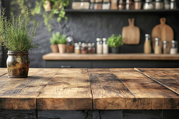 Fototapeta premium Rustic Wooden Tabletop with Herbs, Blurred Kitchen Background - Stock Photo