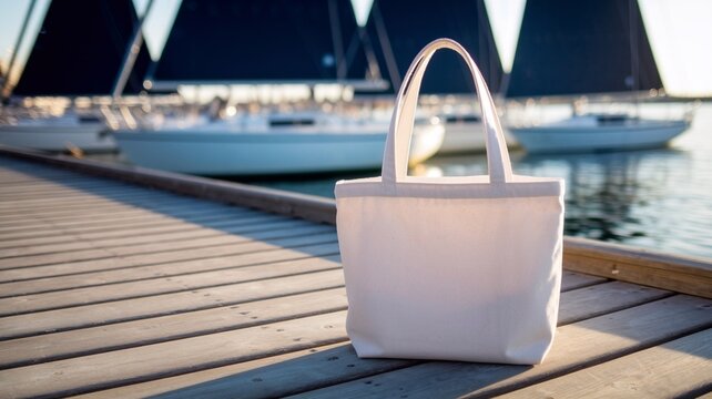 
Tote bag mockup standing on a wooden pier by the water with yachts in the background. Perfect for branding, logo presentation, and eco-friendly product design in a nautical setting.
